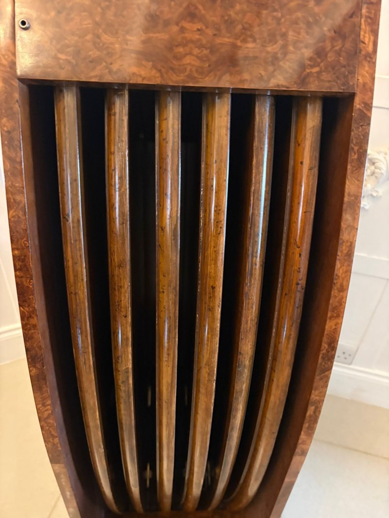 Antique Exceptional Quality Burr Walnut Circular Extending Dining Table Seating 10 with Radial Leaves & Matching Burr Walnut Leaf Holder - Image 16